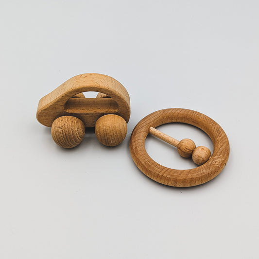 Wooden Roller Car & Rattle Set